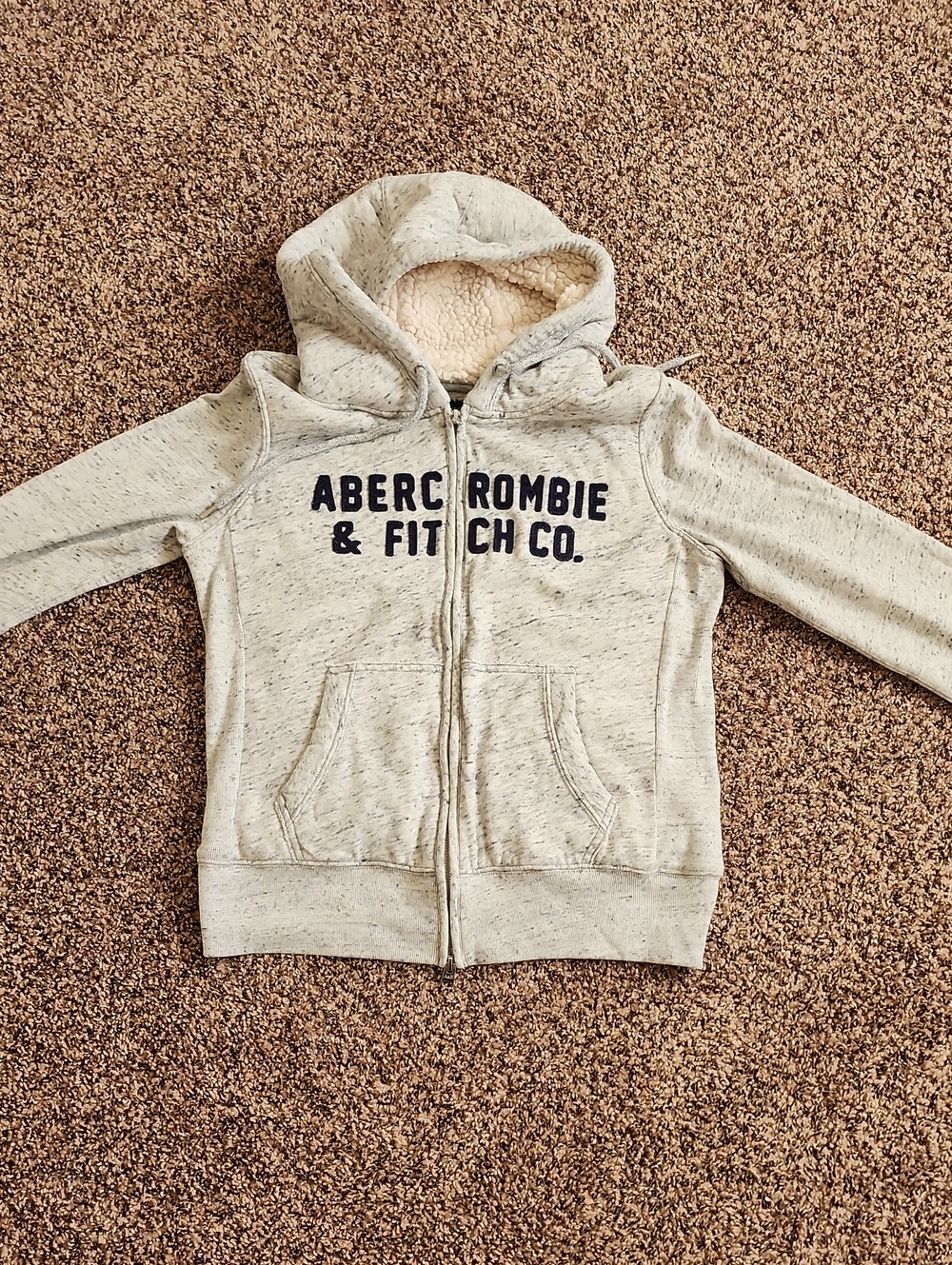 Abercrombie & Fitch Cream Sherpa-Lined Zip Hoodie with Navy Logo